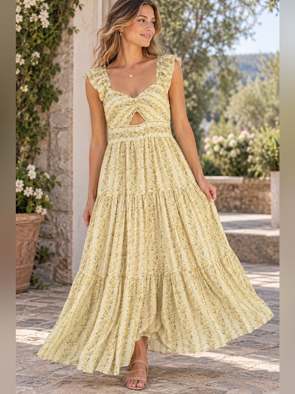 Trixxi Yellow Floral Tiered Maxi Dress Cutout Cottagecore Size M